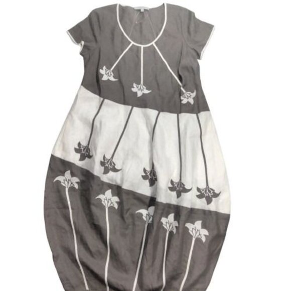 Chesca Floral Linen Lagenlook Modest Embroidered Artsy Gray White Maxi D… - Picture 3 of 7